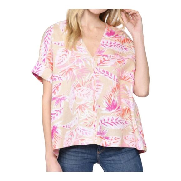 100% Linen Boxy Tropical Top Pullover Blouse Oversize Coastal sz Small by Karlie - Picture 1 of 7
